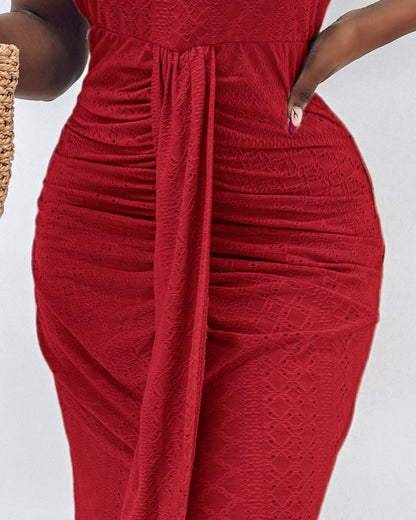 Adjustable Halter Hollow-out Back Ruched Front Slit Dress Guipure Lace Yoke Eyelet Embroidery Vacation Dress