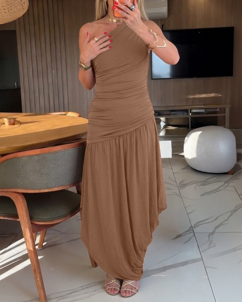 Women's One Shoulder Ruched Side Bodycon Dress Asymmetrical Hem Sleeveless Slim Fit Party Dress