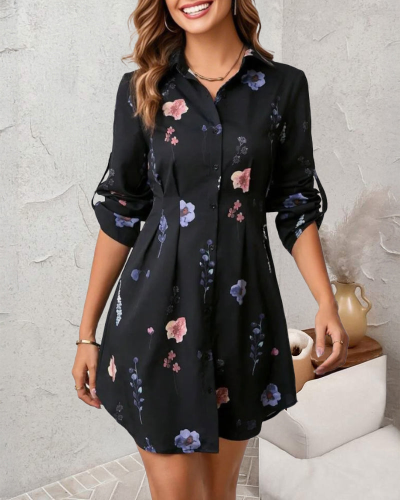 Watercolor Floral Print Turn-down Collar Turn-Up Sleeves Shirred Back Shirt Dress Casual Button Down Cinched Waist Asymmetrical Hem Vacation Dress