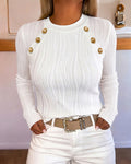 Women's Textured Long Sleeve Crew Neck Top Vintage Gold Button Blouse