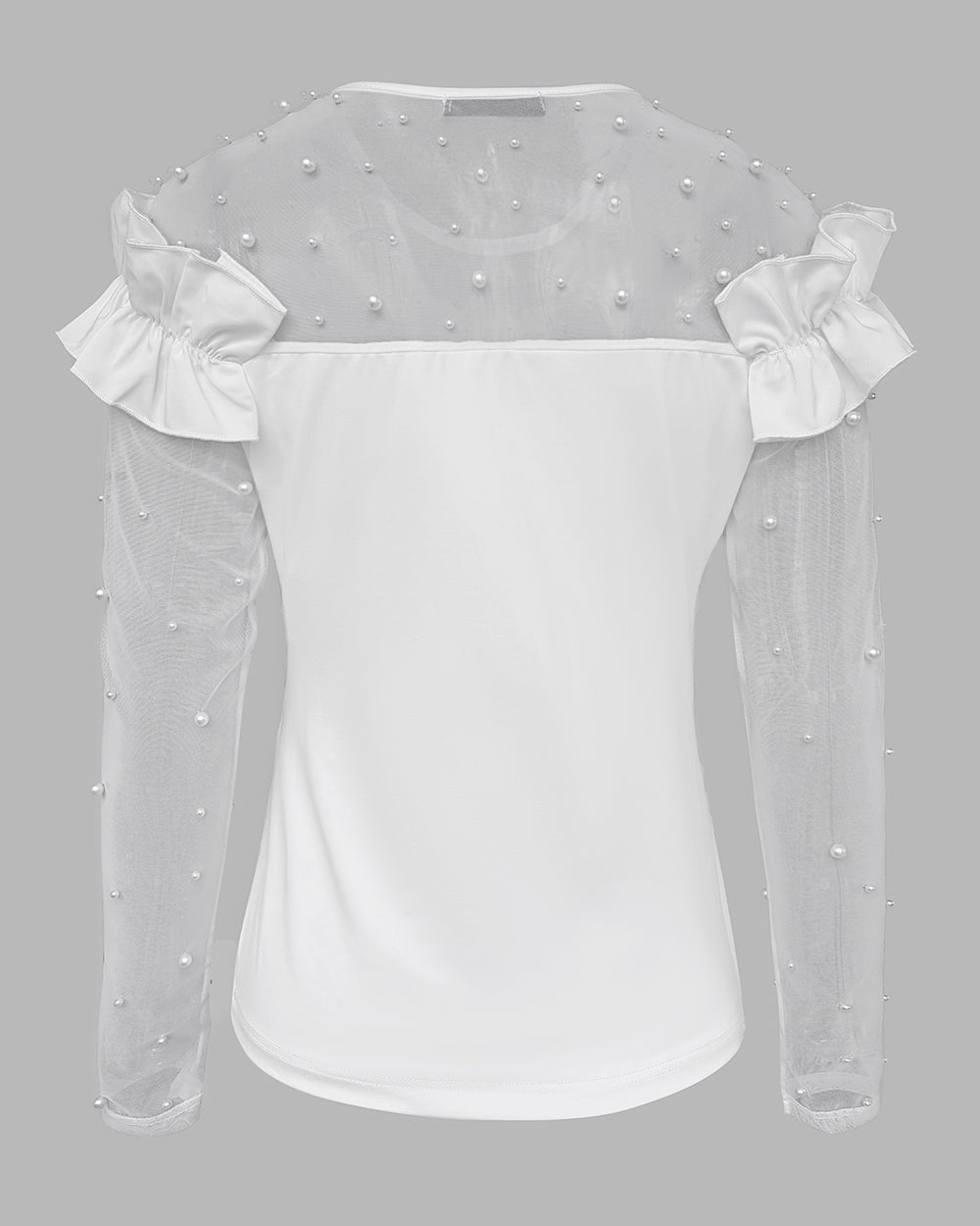 Women's Pearls Sheer Mesh Spliced Long Sleeve Ruffle Slim Fit Top