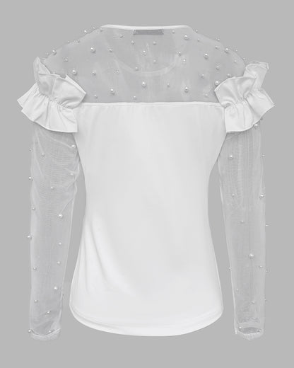 Women's Pearls Sheer Mesh Spliced Long Sleeve Ruffle Slim Fit Top