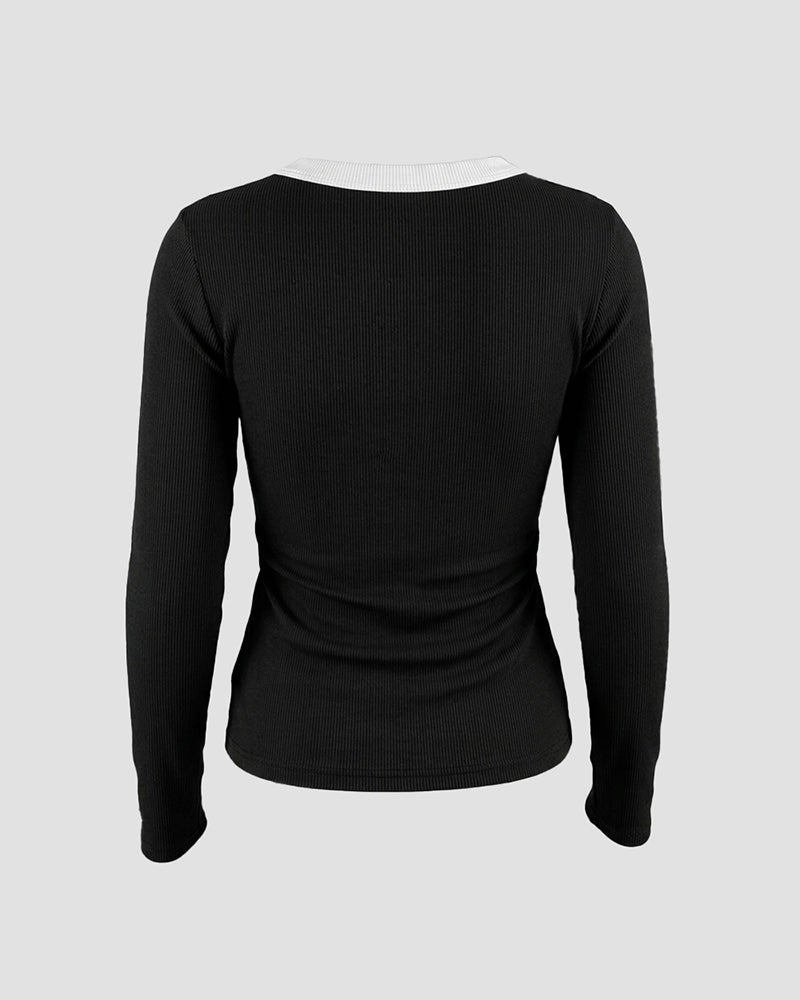 Women's Ribbed Long Sleeve Top Contrast Trim Crew Neck Fitted T Shirt