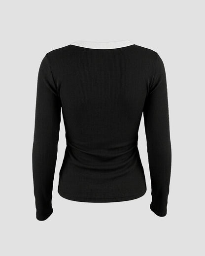 Women's Ribbed Long Sleeve Top Contrast Trim Crew Neck Fitted T Shirt