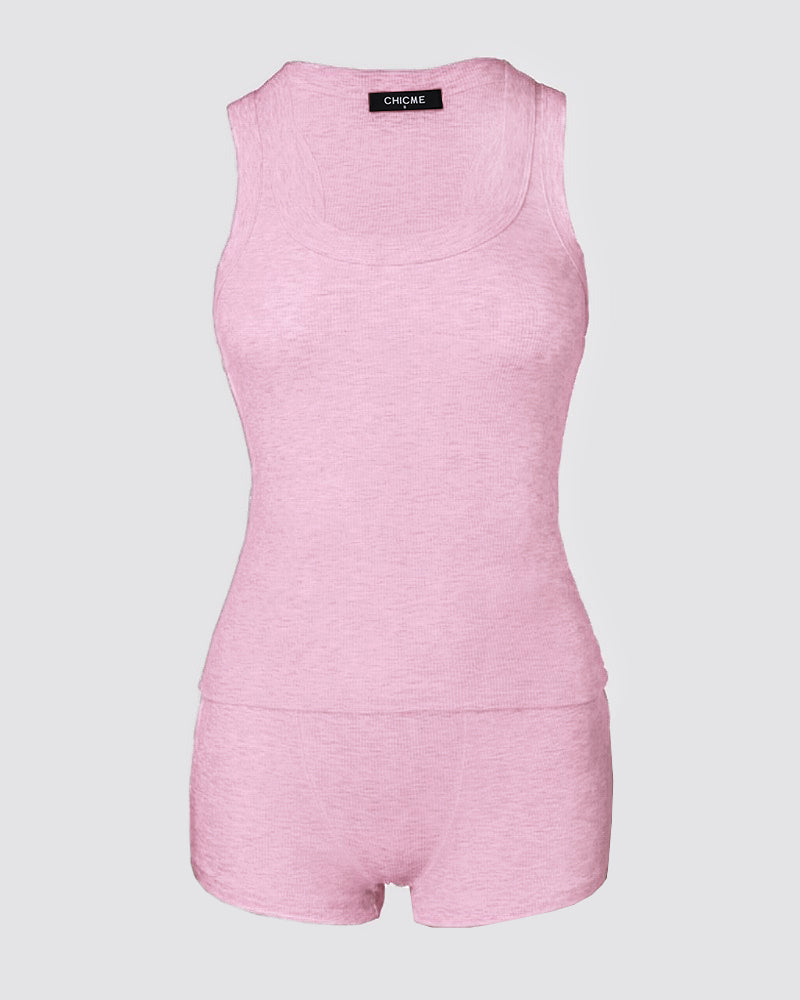 2PCS Micro-Ribbed U-Neck Tank Top & Boxer Set Cozy Loungewear