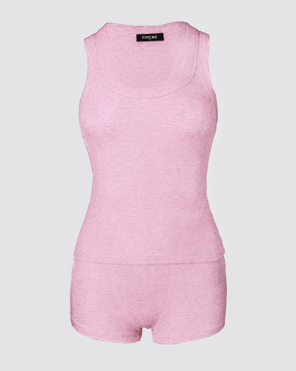 2PCS Micro-Ribbed U-Neck Tank Top & Boxer Set Cozy Loungewear