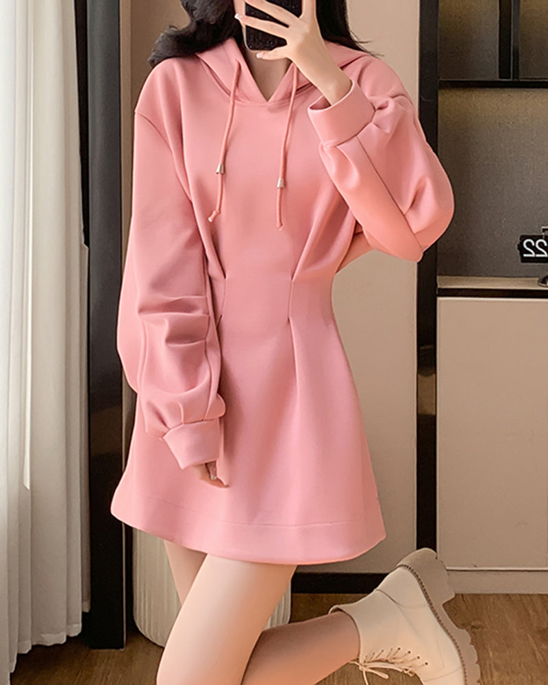 Women's Hooded Sweatshirt Dress Drawstring Waist-Cinching A-Line Casual Long Sleeve Mini Dress with Pockets