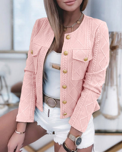 Women's French Style Cropped Jacket Round Neck Gold Button Coat Argyle Cable Jacquard Knit Outerwear