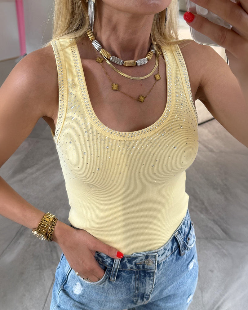Rhinestone Decor U-Neck Sleeveless Slim Fit Ribbed Tank Top