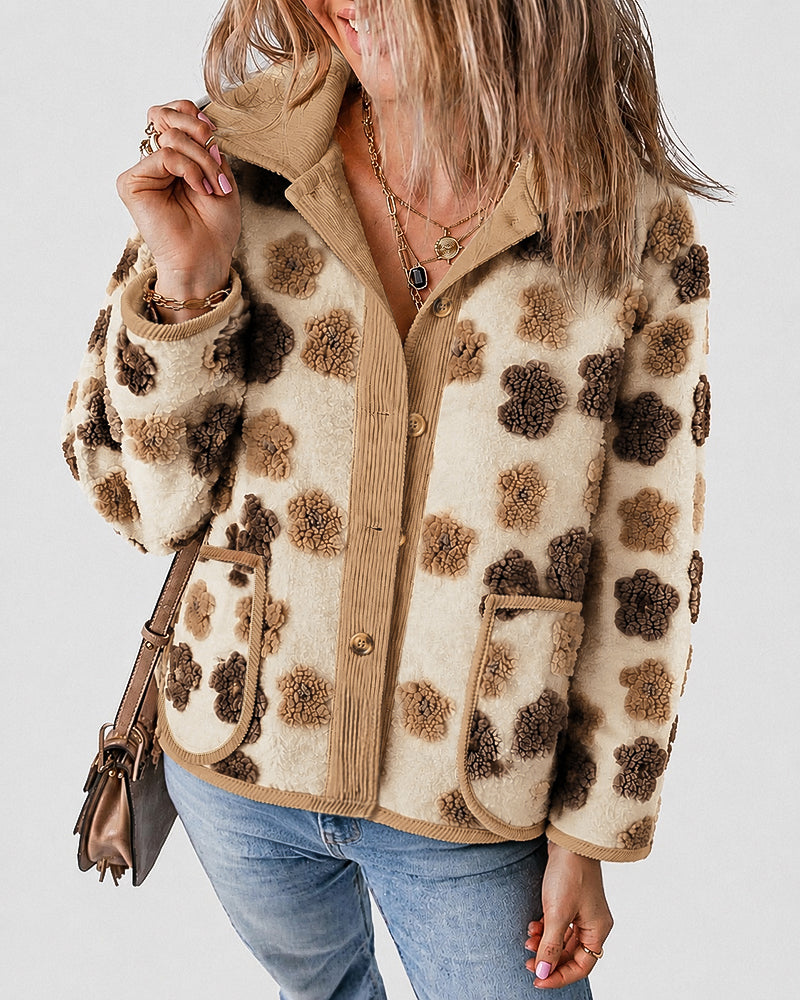 Women's 3D Faux Shearling Floral Jacket Corduroy Trim Button Down Fleece Coat