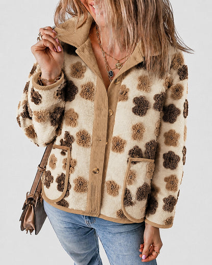 Women's 3D Faux Shearling Floral Jacket Corduroy Trim Button Down Fleece Coat