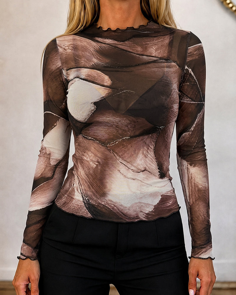 Women's Sheer Mesh Tie Dye Print Mock Neck Frill Trim Long Sleeve Top