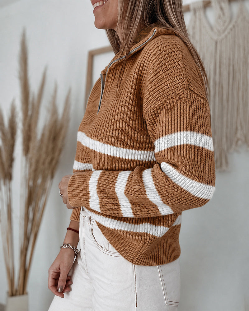 Women's Half Zip Striped Sweater Colorblock Turn-down Collar Knit Pullover Drop Shoulder Loose Fit Top