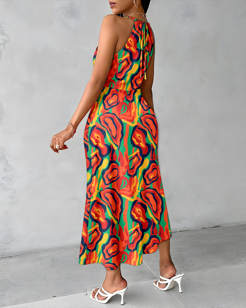 Colorblock Abstract Print Halter Tie Hollow-out Criss Cross Spliced Front Ruched Dress Casual Draped Slit Front Vacation Dress