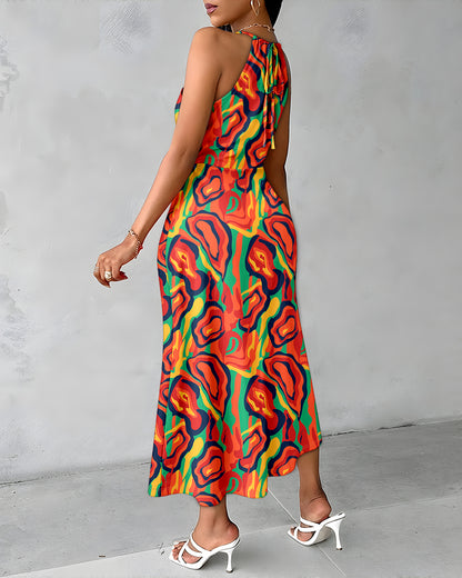 Colorblock Abstract Print Halter Tie Hollow-out Criss Cross Spliced Front Ruched Dress Casual Draped Slit Front Vacation Dress