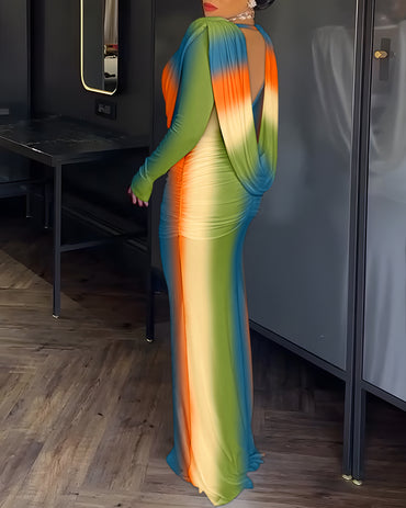 Tie Dye Print Cowl Neck Long Sleeve Backless Maxi Dress Slim Fit Zipper Back Ruched Mermaid Hem Evening Dress