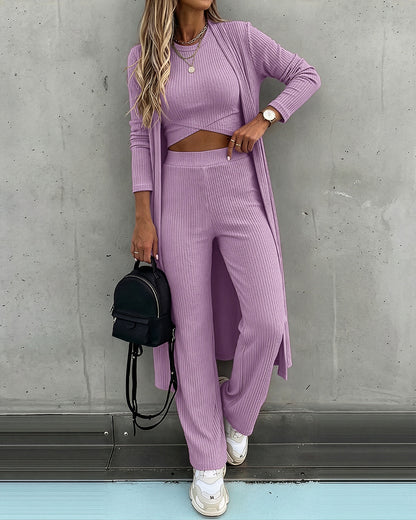 Women's 3 Piece Knit Set Long Cardigan Criss Cross Crop Tank Top and Wide Leg Pants Casual Ribbed Brushed Lounge Set