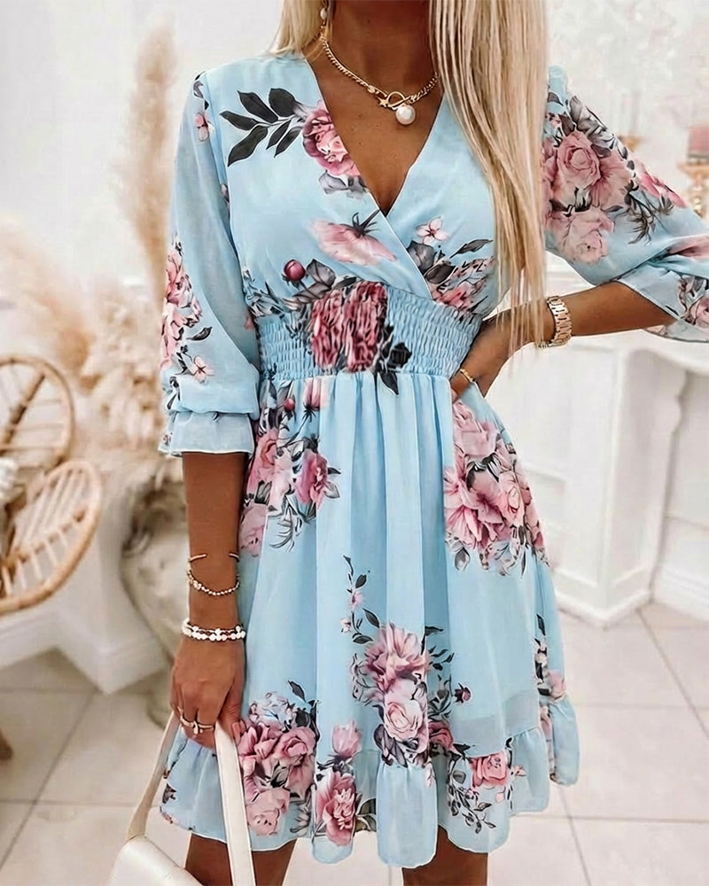 Floral Print Overlap V Neck Three Quarters Sleeve Shirred Waist Ruffle Hem Dress Casual Cinched Waist Flared Cuffs Chiffon Vacation Dress with Lining