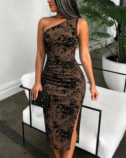 Women's Glitter One Shoulder Flocked Floral Mesh Bodycon Dress Ruched Slit Party Dress