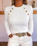 Women's Textured Long Sleeve Crew Neck Top Vintage Gold Button Blouse