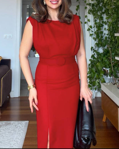 Round Neck Sleeveless Waist Ruched Slit Dress