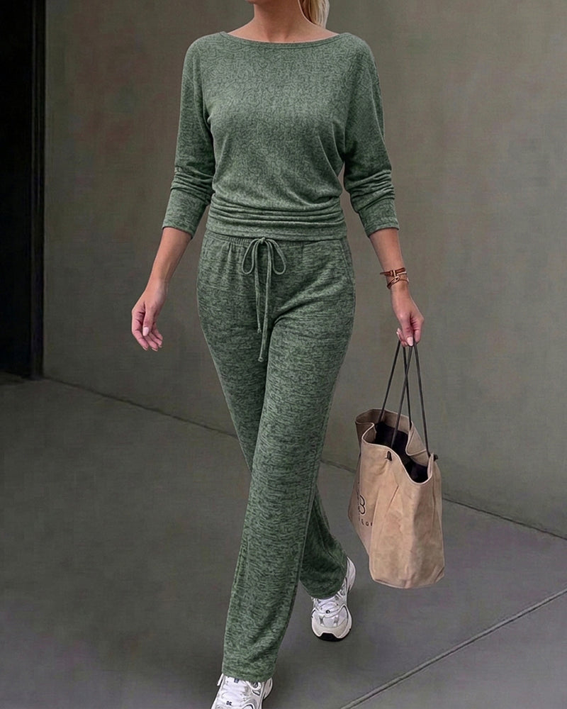 Ensemble 2 pièces femme : top froncé à encolure bateau modulable et manches longues et pantalon large à cordon de serrage