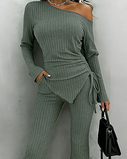 2 Pieces Outfit Skew Neck Long Sleeve Side Drawstring Asymmetrical Hem Top and Elastic Waist Flared Pants Set Casual Ribbed Set