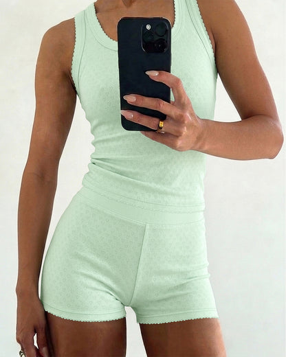 Women's 2 Piece Knit Lounge Set Heart Jacquard Racerback Tank Top and High Waist Shorts Slim Fit Stretchy Outfits