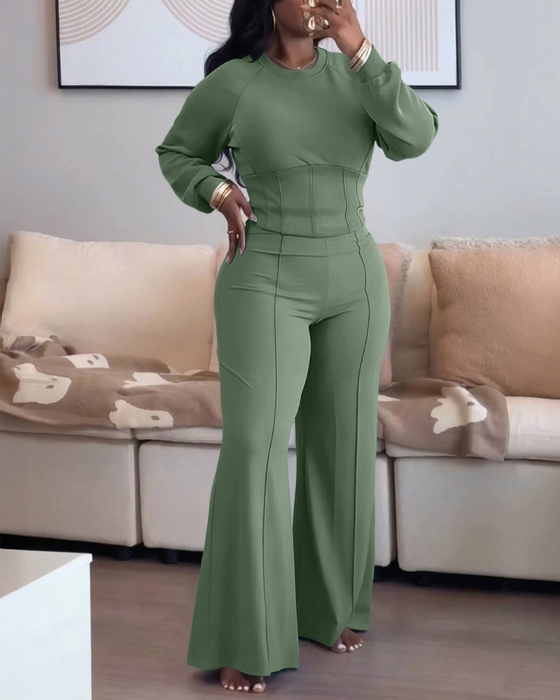 2 Pieces Outfit O-neck Long Sleeve Cinched Waist Sweatshirt and Elastic Waist Wide Leg Pants Set Casual Seam Design Sweatpants Set