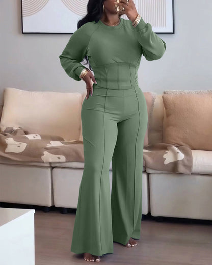 2 Pieces Outfit O-neck Long Sleeve Cinched Waist Sweatshirt and Elastic Waist Wide Leg Pants Set Casual Seam Design Sweatpants Set