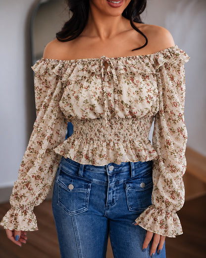 Women's Ditsy Floral Chiffon Off Shoulder Tie Front Shirred Peplum Top