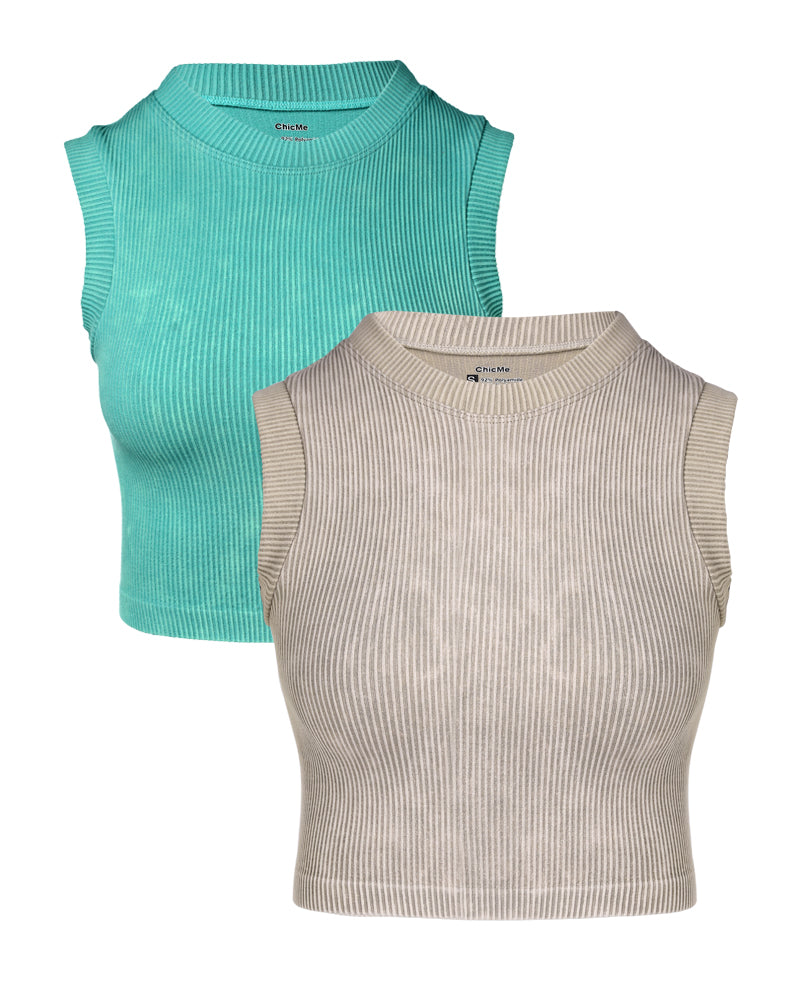 2-Pack Women's Washed Knit Tank Top Ribbed Sleeveless O-neck Cropped Tee Retro Casual Layering Top