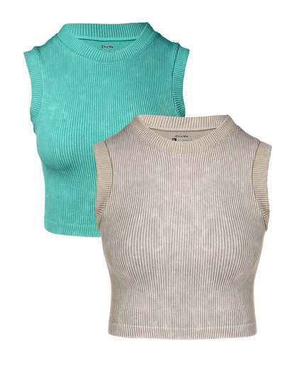 2-Pack Women's Washed Knit Tank Top Ribbed Sleeveless O-neck Cropped Tee Retro Casual Layering Top