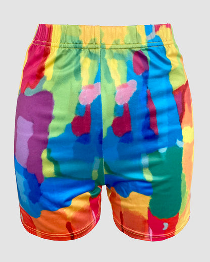 2 Pieces Outfit Letter Print Round Neck Short Sleeve Casual Top and Tie Dye Print Slim Fit Shorts Set