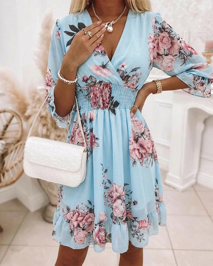 Floral Print Overlap V Neck Three Quarters Sleeve Shirred Waist Ruffle Hem Dress Casual Cinched Waist Flared Cuffs Chiffon Vacation Dress with Lining