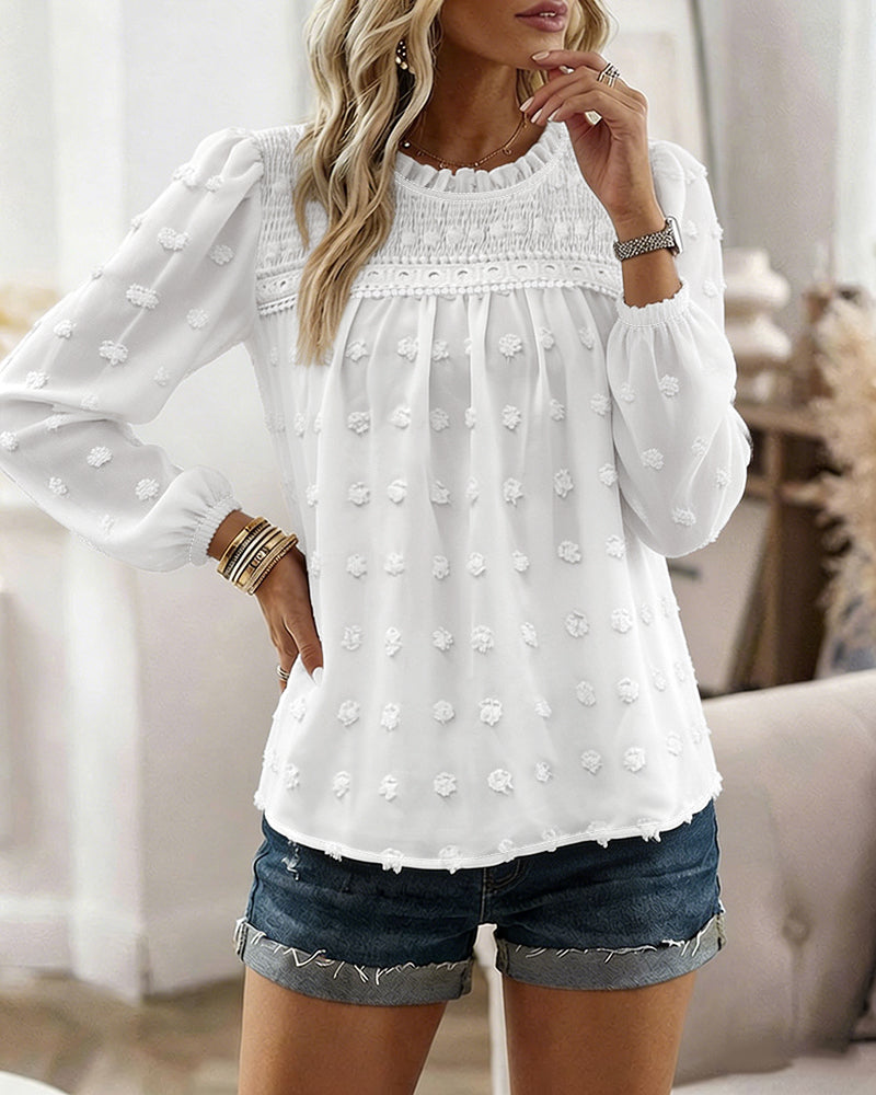Women's French Style Chiffon Blouse Elegant Frill Trim Stand Collar Top Lantern Sleeve Lace Patchwork Jacquard Shirt
