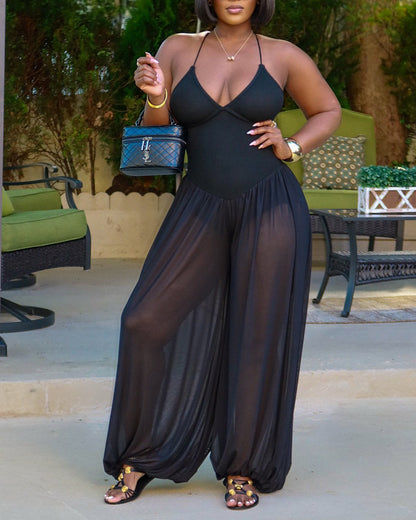 Women's V Neck Halter Backless Lace Up Lantern Jumpsuit Sexy Sheer Ruched Overalls