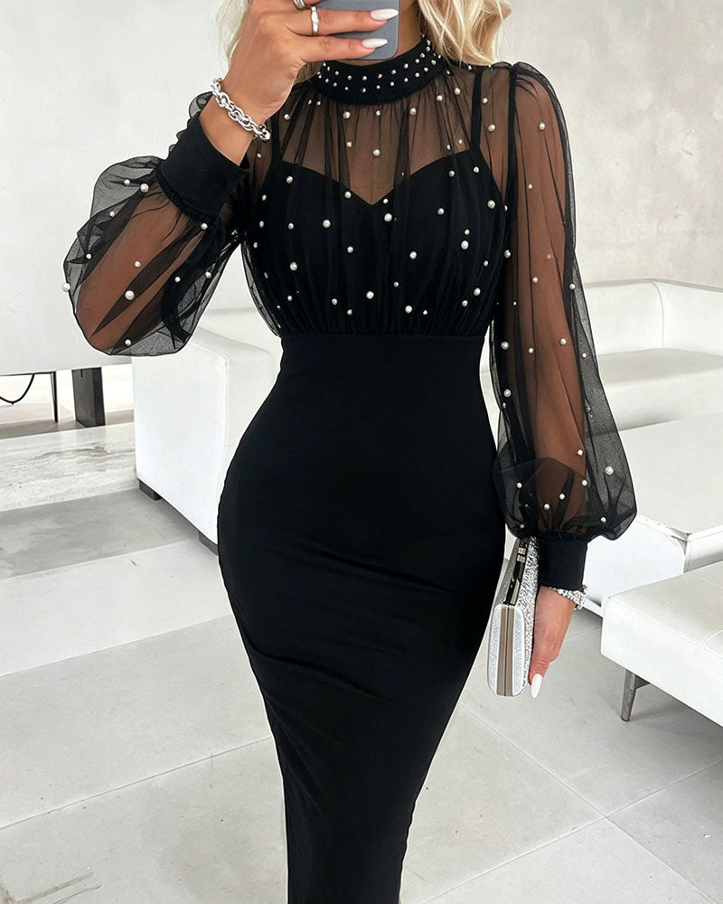 Mock Neck Sheer Mesh Spliced Beaded Bodycon Dress Zipper Back Slit Party Dress