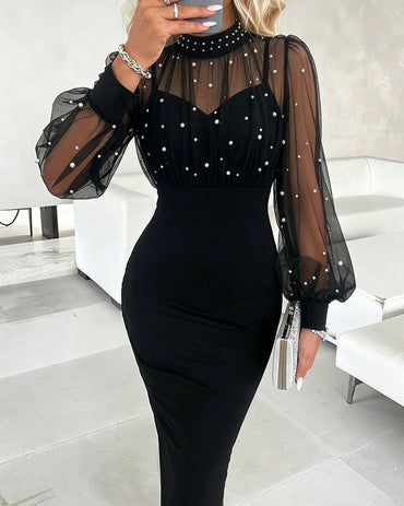 Mock Neck Sheer Mesh Spliced Beaded Bodycon Dress Zipper Back Slit Party Dress