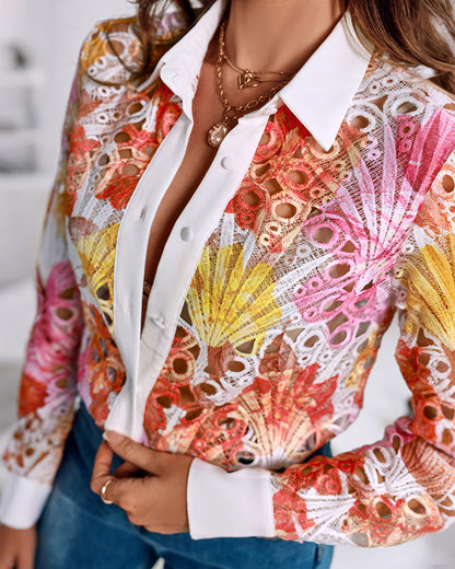 Tie Dye Print Turn-down Collar Long Sleeve Button Front Shirt Casual Hollow-out Top