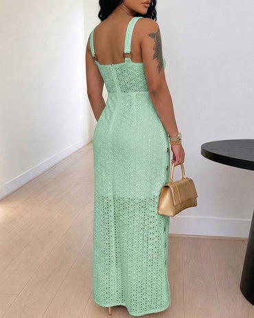 Women's Eyelet Embroidery Maxi Dress Backless Side Slit Slip Dress Tie Waist Bohemian Long Dress