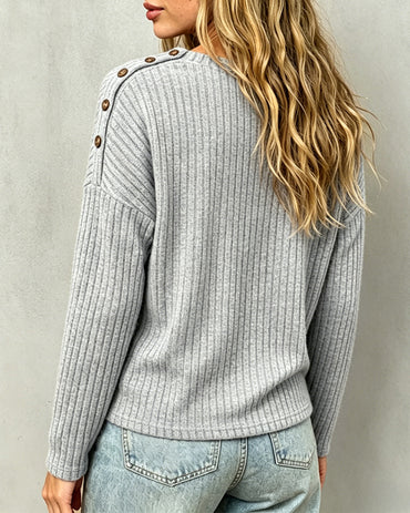 Women's V Neck Ribbed Knit Top Shoulder Button Long Sleeve Casual Pullover