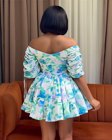 Floral Print Deep V-Neck Drawstring Ruched Sleeves Cinched Waist A Line Vacation Dress Casual Zipper Back Ruched Mini Puff Dress