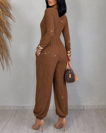 Women's Glitter Tied Detail High Waist Jumpsuit Overlap V Neck Long Sleeve Overalls