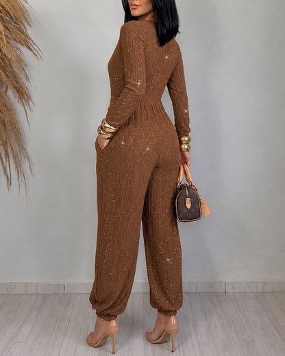 Women's Glitter Tied Detail High Waist Jumpsuit Overlap V Neck Long Sleeve Overalls