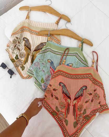 Tropical Animal & Plants Print Square Neck Adjustable Spaghetti Straps Top Sexy Backless Tie Back Asymmetrical Hem Cami Top