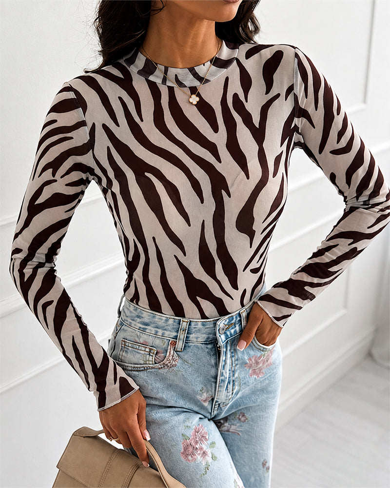 Women's Vintage Zebra Stripe Print Sheer Mesh Top Mock Neck Long Sleeve Slim Fit Frill Hem Layering Top