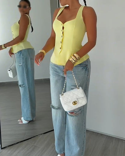Women's Square Neck Knit Tank Top Gold Button Cinch Waist Peplum Vest