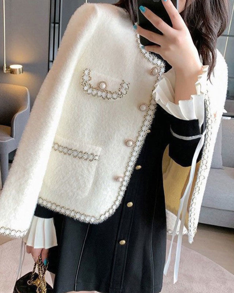 Pearl Button Front Contrast Trim Fluffy Cardigan Elegant Flap Detail Coat