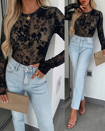 Women's Mesh Flocked Floral Top Lined Sheer Long Sleeve Tee Crewneck Slim Fit Layering Under Base Top with Thumbholes